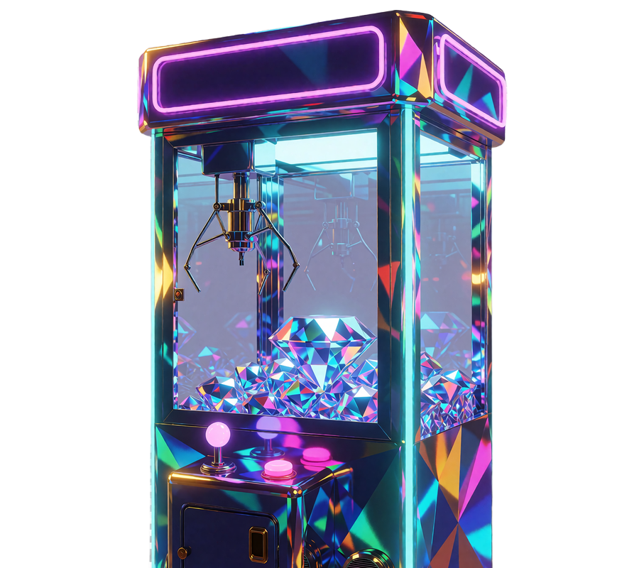 Neonowa maszyna z chwytakiem nad kryształowym diamentem - ilustracja mechaniki Bonus Crab na żywo w Wyns Casino